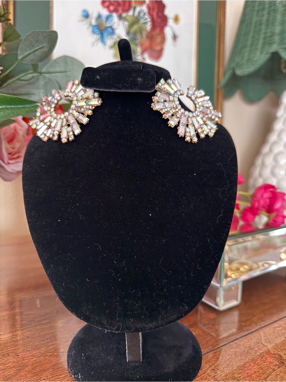 Gold-tone Pastel Crystal Fan Statement Earrings - Women Jewelry